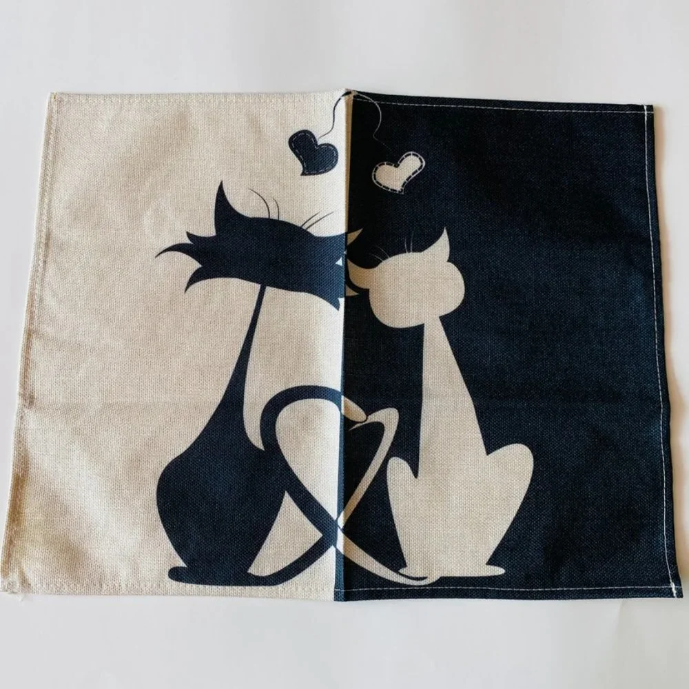 Adorable Kitties in love black and white graphic canvas place mats Set of 4